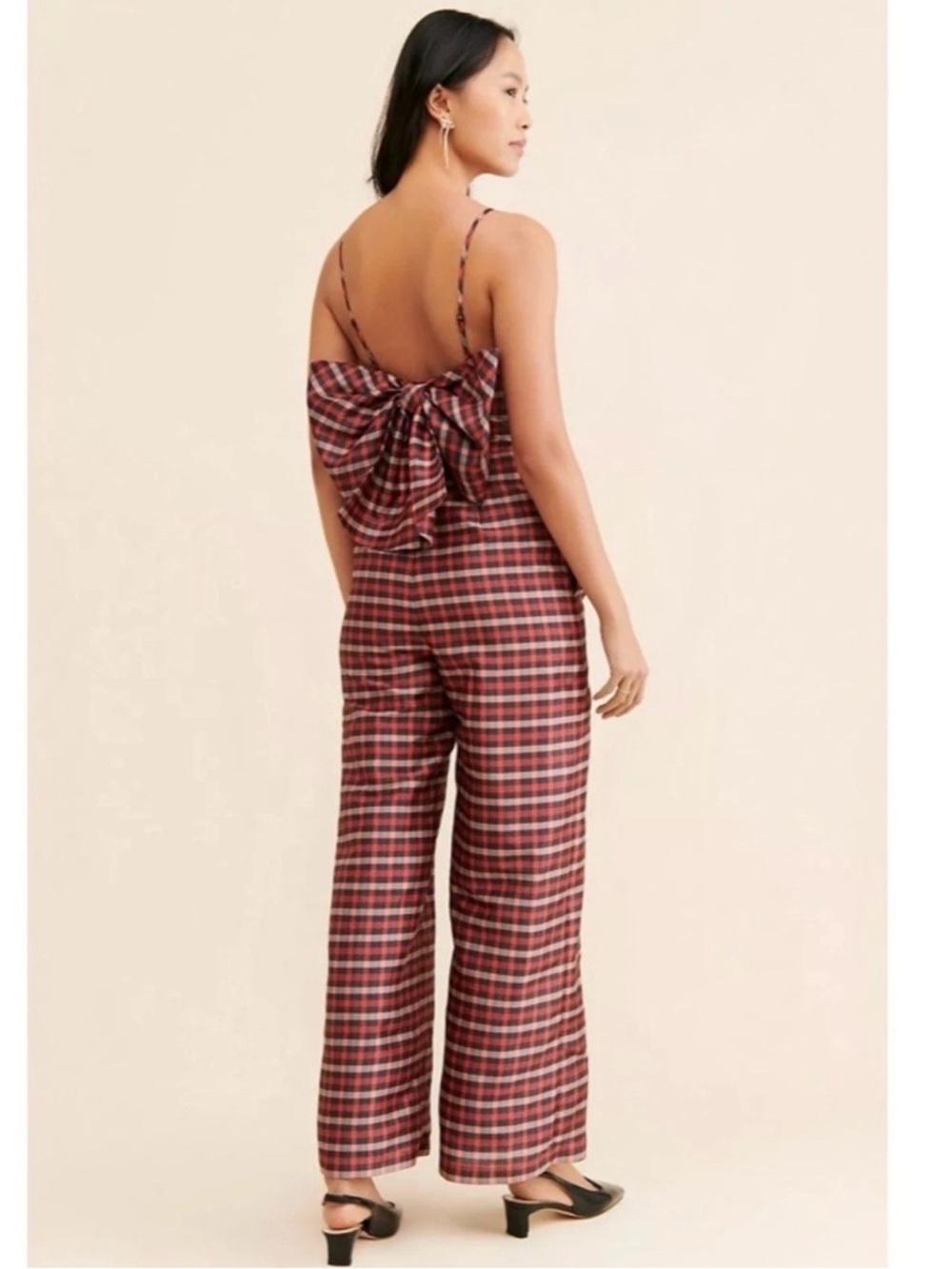 Anthropologie Hutch Plaid Bow Jumpsuit in Red 8 Classic Preppy Holiday Festive